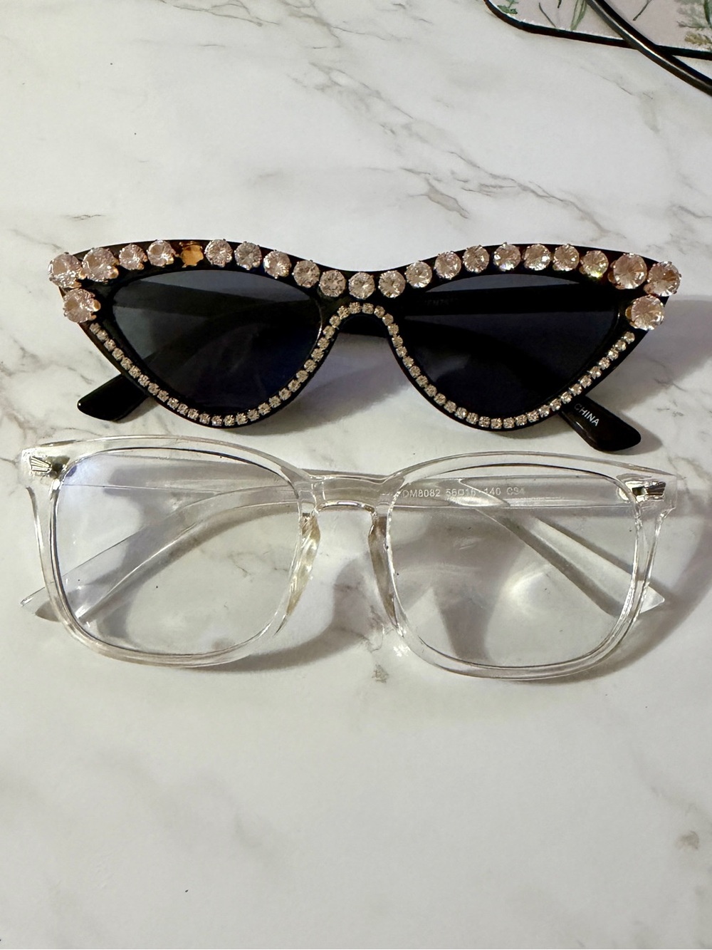 2pc Black Crystal Cat-Eye Sunglasses with Clear Reading Glasses Bundle